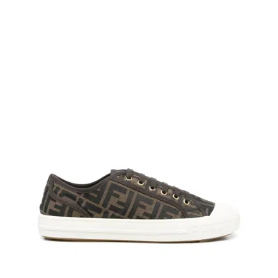 Fendi Men Brown Sneaker With All-over Ff Motif In Fabric Man In Black