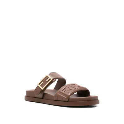 Fendi Slide Sandals With Buckle Detail And Flat Sole In Brown