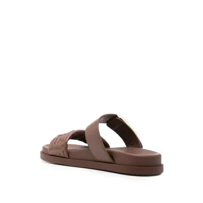 Fendi Slide Sandals With Buckle Detail And Flat Sole In Brown