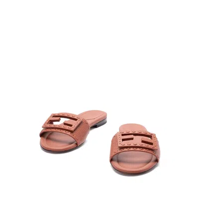 Fendi Baguette Leather Slides With Macro Selleria Topstitches In Brown