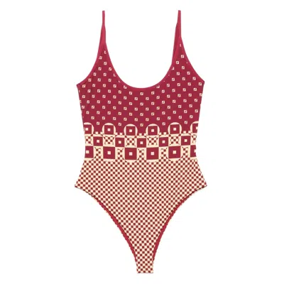 Fendi Micro Patchwork Print Lycra One Piece Swimsuit In Red