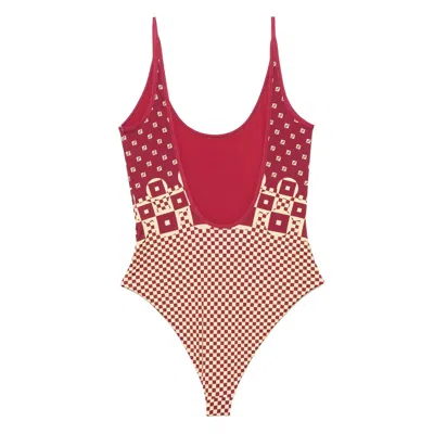 Fendi Micro Patchwork Print Lycra One Piece Swimsuit In Red