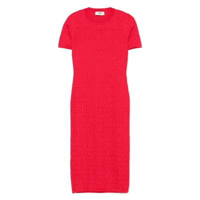Fendi Women Red Short Sleeve Dress With All-over Ff Motif In Cotton Blend Woman In Multi
