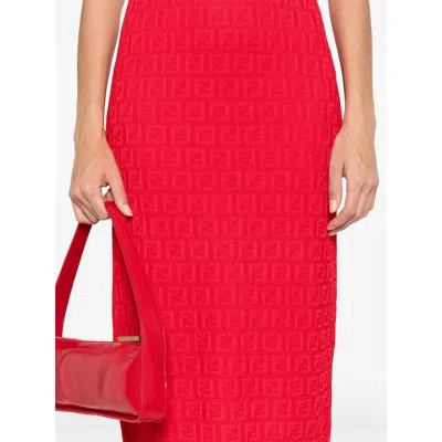 Fendi Women Red Short Sleeve Dress With All-over Ff Motif In Cotton Blend Woman In Multi
