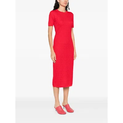 Fendi Women Red Short Sleeve Dress With All-over Ff Motif In Cotton Blend Woman In Multi