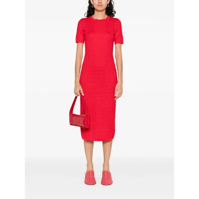 Fendi Women Red Short Sleeve Dress With All-over Ff Motif In Cotton Blend Woman In Multi