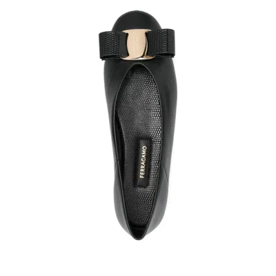 Ferragamo Leather Round Toe Ballerina Shoes With Bow Detail In Blue