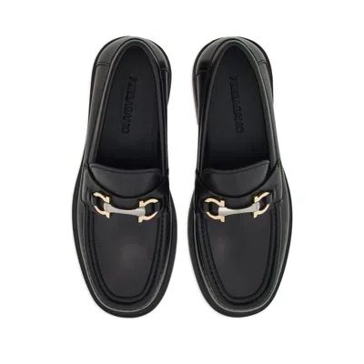 Ferragamo Leather Loafer With Gancini Metal Detail In Black