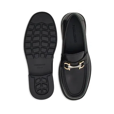Ferragamo Leather Loafer With Gancini Metal Detail In Black