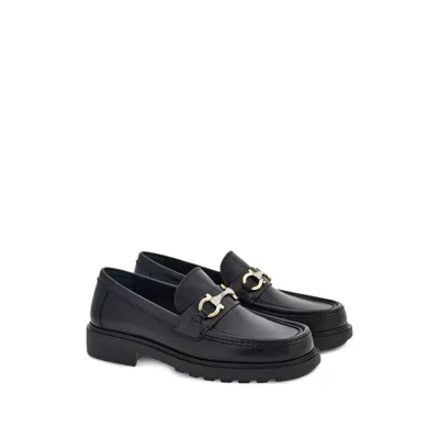 Ferragamo Leather Loafer With Gancini Metal Detail In Black