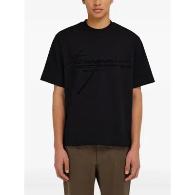 Ferragamo Crew Neck Graphic Print Short Sleeves T-shirt In Black