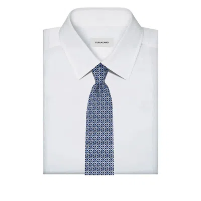 Ferragamo Gancini Silk Tie Geometric Pattern In Blue