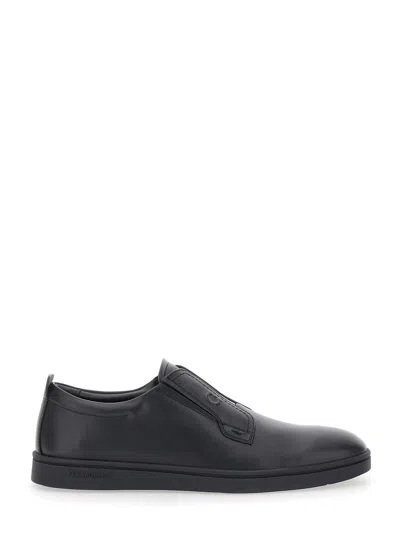 Ferragamo Alfie Black Sneakers With Gancini Detail On The Side And Embossed Logo Lettering On The Side In Leat In Black