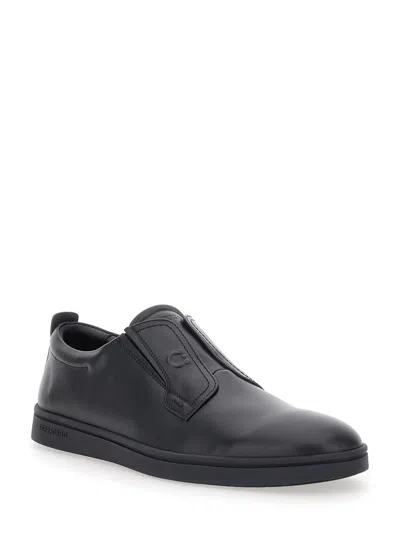 Ferragamo Alfie Black Sneakers With Gancini Detail On The Side And Embossed Logo Lettering On The Side In Leat In Black