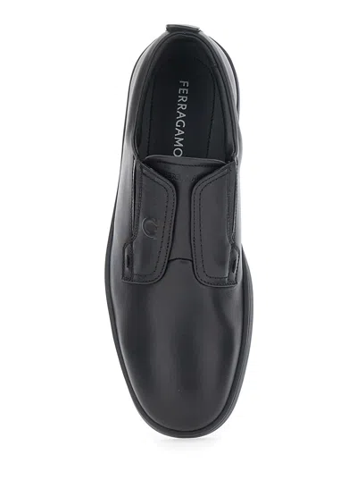 Ferragamo Alfie Black Sneakers With Gancini Detail On The Side And Embossed Logo Lettering On The Side In Leat In Black