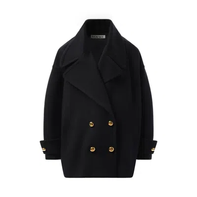 Loewe Double-breasted Wool Peacoat With Notched Collar In Black