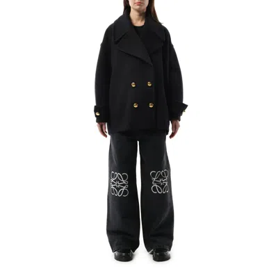 Loewe Double-breasted Wool Peacoat With Notched Collar In Black
