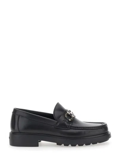 Ferragamo Leather Loafer With Gancini Metal Detail In Black