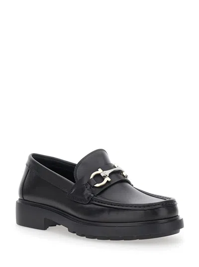 Ferragamo Leather Loafer With Gancini Metal Detail In Black