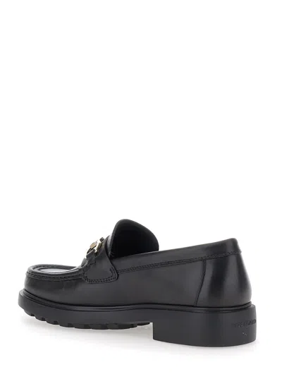 Ferragamo Leather Loafer With Gancini Metal Detail In Black