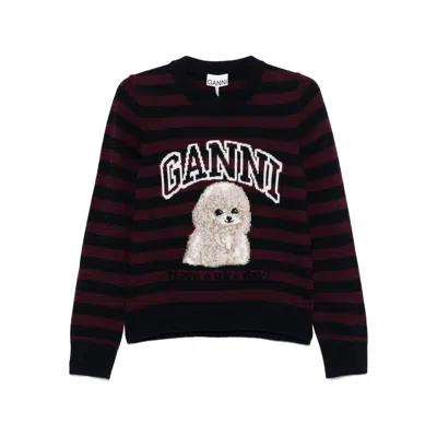 Ganni Graphic Wool Mix Poodle Stripe Crewneck Knitwear Multicolor In Blue