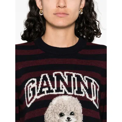 Ganni Graphic Wool Mix Poodle Stripe Crewneck Knitwear Multicolor In Blue
