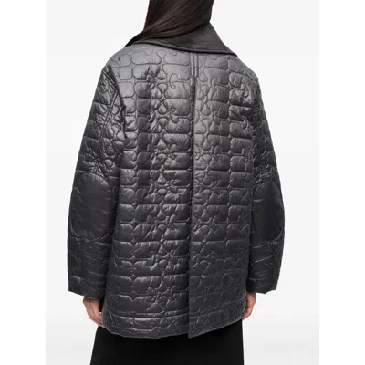 Ganni Shiny Black Quilted Midi Jacket With Pointed Collar In Gray