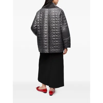 Ganni Shiny Black Quilted Midi Jacket With Pointed Collar In Gray