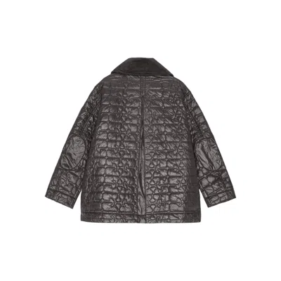 Ganni Shiny Black Quilted Midi Jacket With Pointed Collar In Gray
