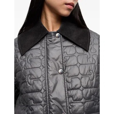Ganni Shiny Black Quilted Midi Jacket With Pointed Collar In Gray