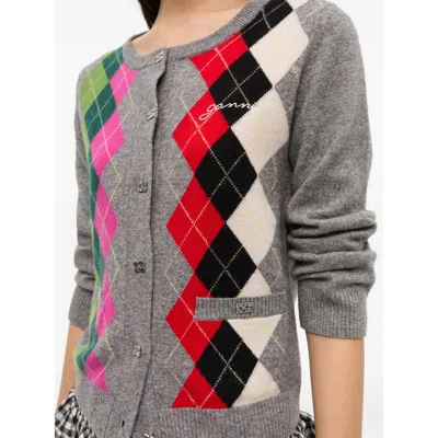 Ganni Argyle-pattern Logo-embroidered Cardigan In Multi