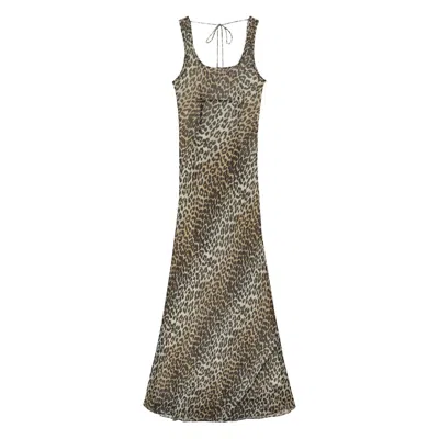Ganni Animal Print Scoop Neckline Floor-length Dress In Brown