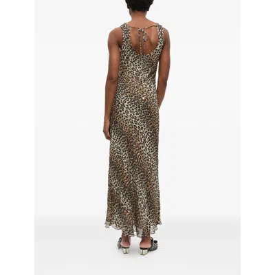 Ganni Animal Print Scoop Neckline Floor-length Dress In Brown
