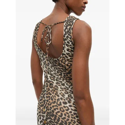Ganni Animal Print Scoop Neckline Floor-length Dress In Brown