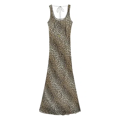 Ganni Animal Print Scoop Neckline Floor-length Dress In Brown