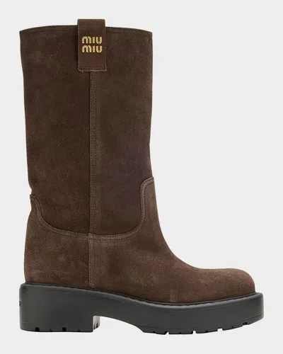 Miu Miu Suede Tall Moto Boots In Brown