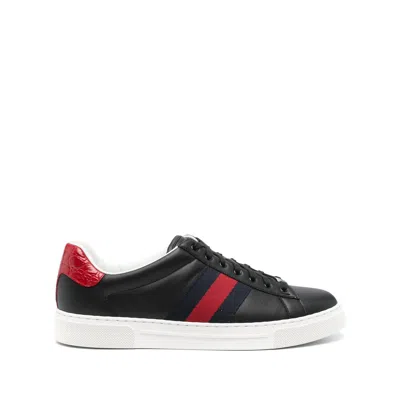 Gucci Ace Leather Sneakers With Lateral Web Band In Brown