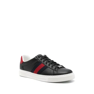Gucci Ace Leather Sneakers With Lateral Web Band In Brown