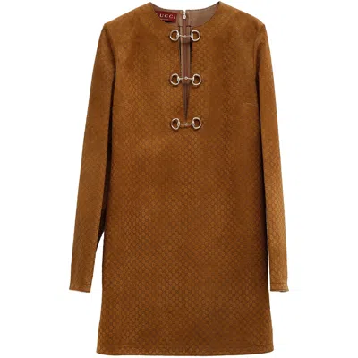 Gucci Gg Suede Dress With Horsebit Detail In Brown