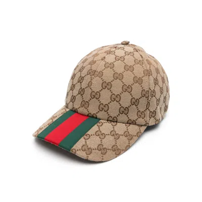 Gucci Men Beige And Ebony Baseball Cap With Web Detail In Gg Supreme Canvas Man In Green