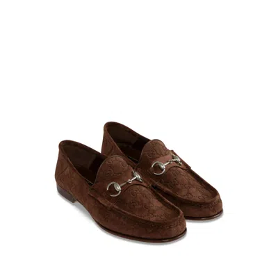 Gucci Men Suede Loafers With All-over Gg Motif In Brown