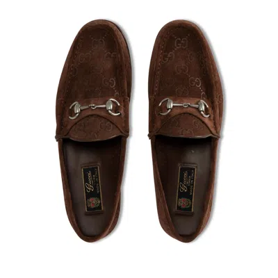Gucci Men Suede Loafers With All-over Gg Motif In Brown
