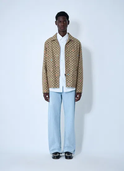 Gucci Beige Shirt With Spread Collar And Two Front Welt Pockets In Gg Canvas Man In Brown