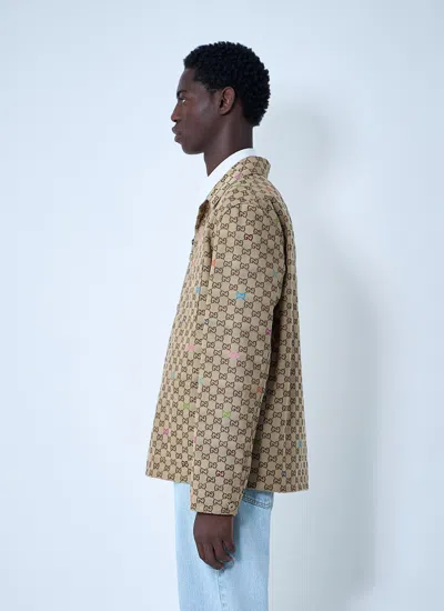 Gucci Beige Shirt With Spread Collar And Two Front Welt Pockets In Gg Canvas Man In Brown