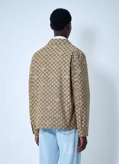 Gucci Beige Shirt With Spread Collar And Two Front Welt Pockets In Gg Canvas Man In Brown