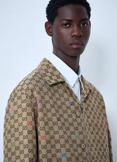 Gucci Beige Shirt With Spread Collar And Two Front Welt Pockets In Gg Canvas Man In Brown