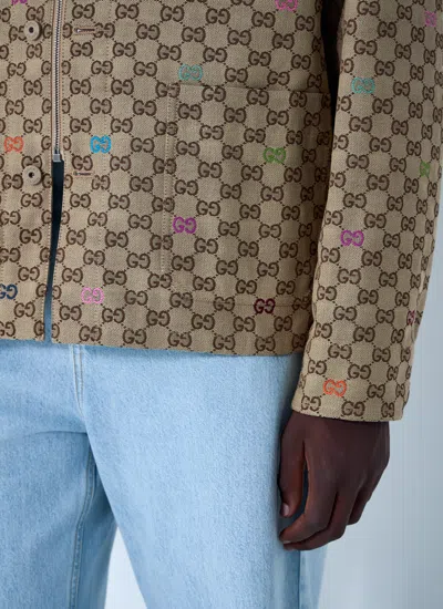 Gucci Beige Shirt With Spread Collar And Two Front Welt Pockets In Gg Canvas Man In Brown