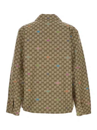 Gucci Beige Shirt With Spread Collar And Two Front Welt Pockets In Gg Canvas Man In Brown