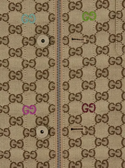 Gucci Beige Shirt With Spread Collar And Two Front Welt Pockets In Gg Canvas Man In Brown