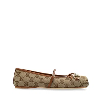 Gucci Women Gg Fabric Ballerinas With Iconic Horsebit In Brown